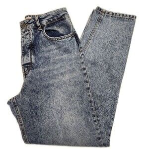 asos 100% cotton acid washed barrel leg super high rise button fly jeans, 28